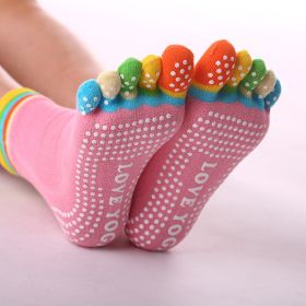 1pair Rainbow Color Non-slip Towel Bottom Yoga Socks, Cozy 5 Toes Split Knitted Calf Crew Socks, Women's Yoga Socks (Color: Color Toe Pink)