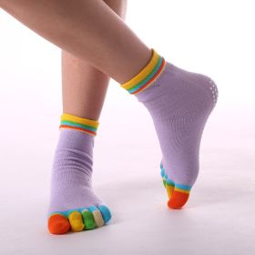 1pair Rainbow Color Non-slip Towel Bottom Yoga Socks, Cozy 5 Toes Split Knitted Calf Crew Socks, Women's Yoga Socks (Color: Colorful Toe Light Purple)