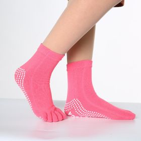 1pair Rainbow Color Non-slip Towel Bottom Yoga Socks, Cozy 5 Toes Split Knitted Calf Crew Socks, Women's Yoga Socks (Color: Rose Red)