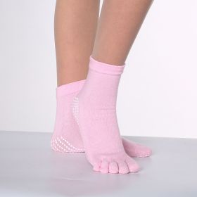 1pair Rainbow Color Non-slip Towel Bottom Yoga Socks, Cozy 5 Toes Split Knitted Calf Crew Socks, Women's Yoga Socks (Color: Pink)